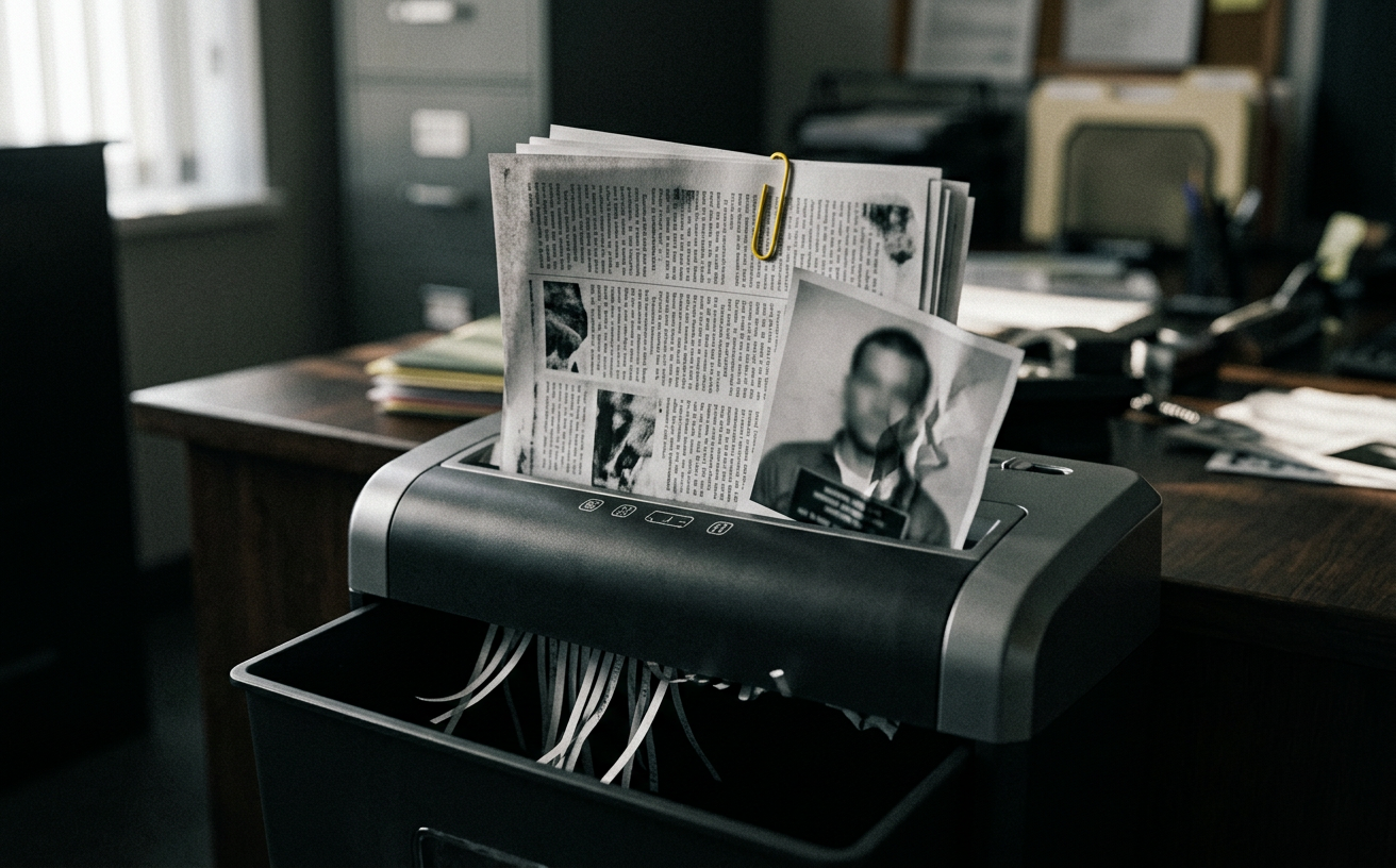 Printed news articles and a mugshot print being fed into a paper shredder
