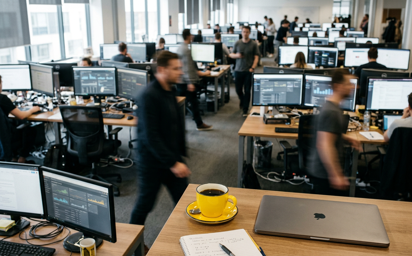 A busy digital marketing agency floor with analytics dashboards and a yellow coffee mug in focus