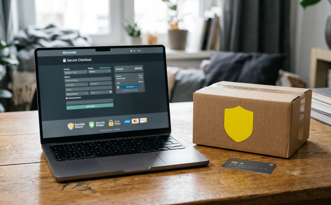 An e-commerce checkout on a laptop beside a package with a yellow shield sticker