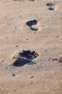 A picture of footprints in the sand
